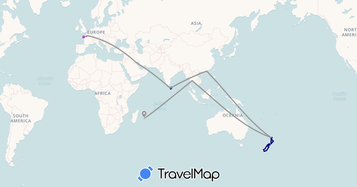 TravelMap itinerary: driving, bus, plane, train, boat in China, France, Kuwait, Sri Lanka, New Zealand, Thailand (Asia, Europe, Oceania)